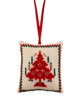 Handcrafted Festive Red Cross-Stitch Christmas Tree Pillow Ornament